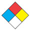 A photograph of a single red, white, blue, and yellow NFPA diamond hazard label.