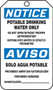 A photograph of a blue and white 11066 bilingual OSHA notice safety tag, reading potable drinking water only and solo aqua potable.