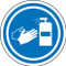 A photograph of a blue and white 11251 pavement print sign, with sanitize hands symbol.