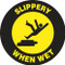 This black and yellow sign features the image of a person slipping on a surface with the text "Slippery When Wet." Use for areas that become slippery or wet frequently to prevents falls.