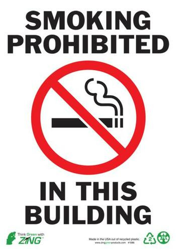 Zing Smoking Prohibited In This Building Signs w/Image, 10