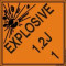 An orange and black photograph of a 03063 dot explosives shipping label, reading explosives 1.2J 1 with graphic.