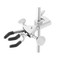 Photograph of a stainless steel 3-prong dual adjust fixed position clamp on a rod (not included).