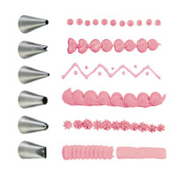 Piping tips designs include closed star, french tip, leaf, basket, small circles and large circles.