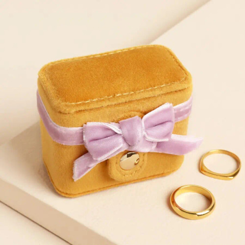 Yellow and Pink Velvet Bow Travel Ring Box