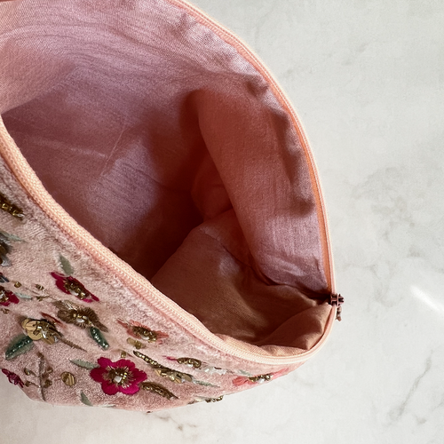 Pink Velvet Flower Embroidered Pouch
