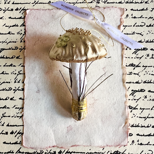 Golden Mushroom Ornament with Peacock Feather, Swarovski Crystals and Golden Beads