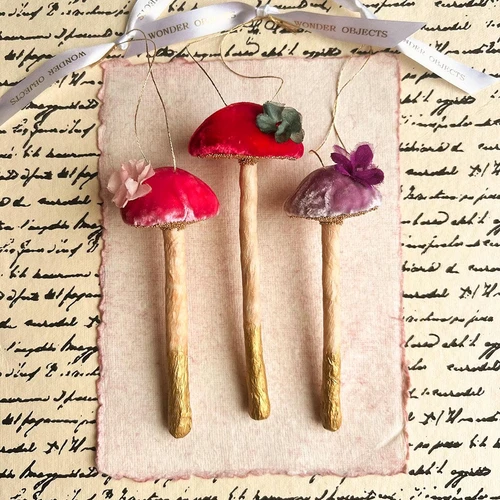 Velvet Mushroom Ornament with Silk Flower & Swarovski Crystals