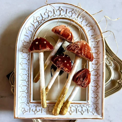 Velvet Mushroom Ornament with Golden Beads and Swarovski Crystals — Sienna