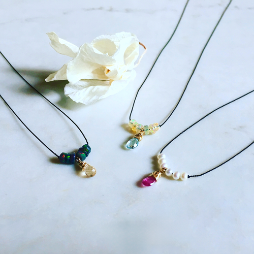 Faceted Drop and Roundel Gemstone Cord Necklace