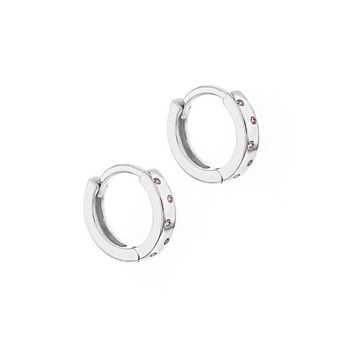 Silver Huggie Earrings with Pink Stones