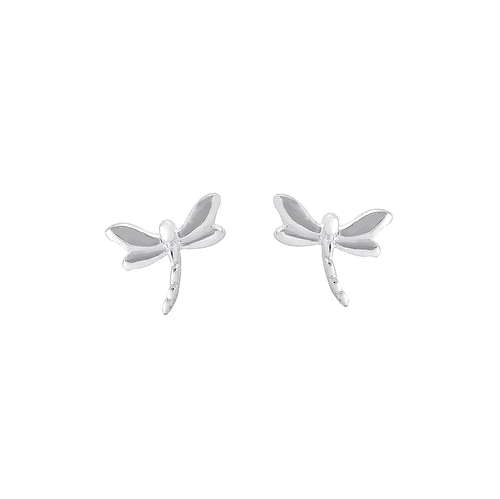 Sterling silver dragonfly stud earrings with sculpted wings on a white background