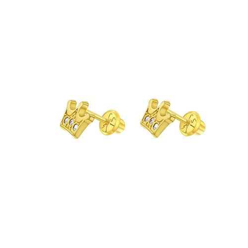 Solid Gold Crown Studs with Cubic Zirconia for Kids