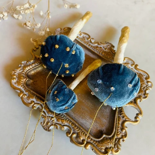 Velvet Mushroom Ornament with Golden Beads and Swarovski Crystals — Cloudy Blue