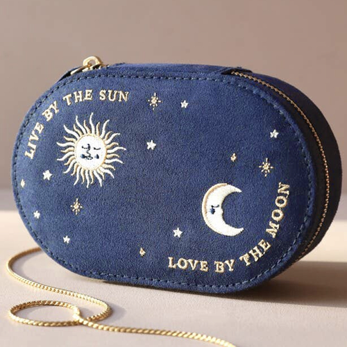 Sun and Moon Embroidered Oval Suede Jewelry Case in Navy