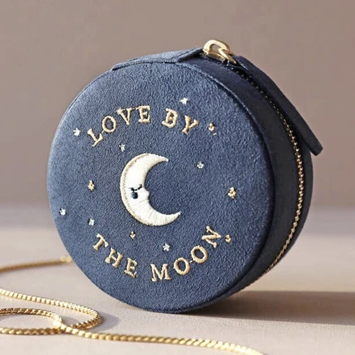 Sun and Moon Embroidered Round Jewelry Case in Navy