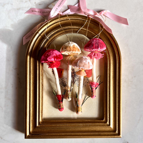 Velvet Mushroom Ornaments with Peacock Feathers