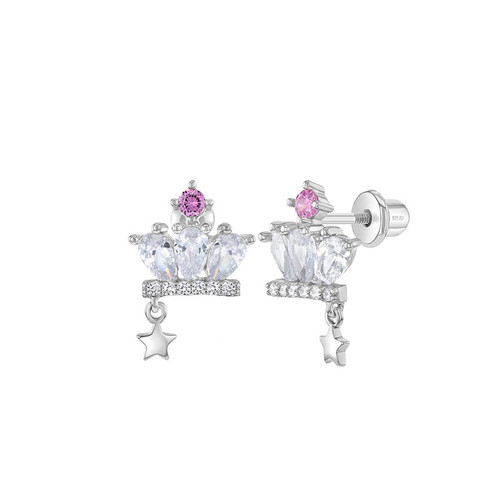 Kids' Cubic Zirconia Crown Earrings with Star Charm