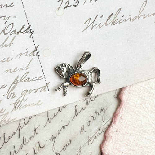 Sterling Silver and Yellow Amber Horse Pendant