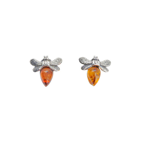 Sterling Silver Bee Earrings with Amber