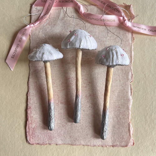 White Velvet Mushroom Ornaments with Swarovski Crystals