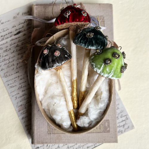 Vintage style embellished velvet mushroom ornaments in four colors