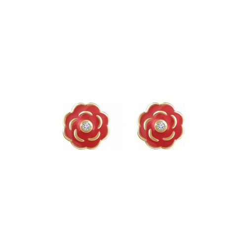 Red Enamel Flower Earrings with Diamonds