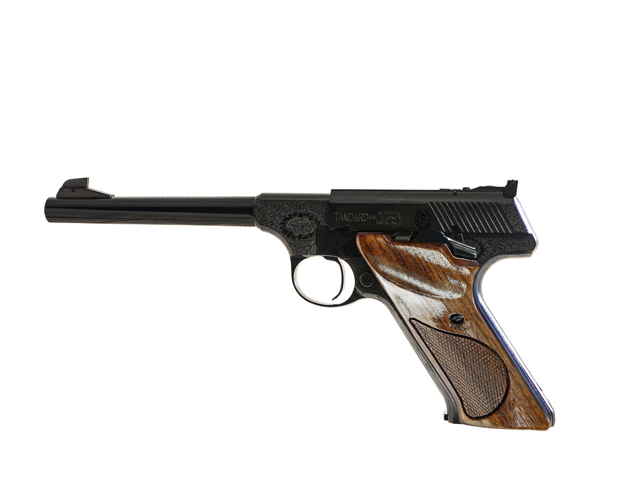 SG22 .22LR Semiautomatic Pistol, Blued Engraved, Walnut Grips. 6 5