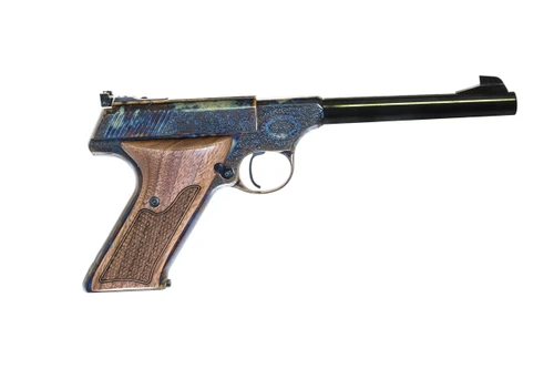 SG22 .22LR Semiautomatic Pistol, Case Colored Engraved, Walnut Grips. 6 5/8" Barrel.