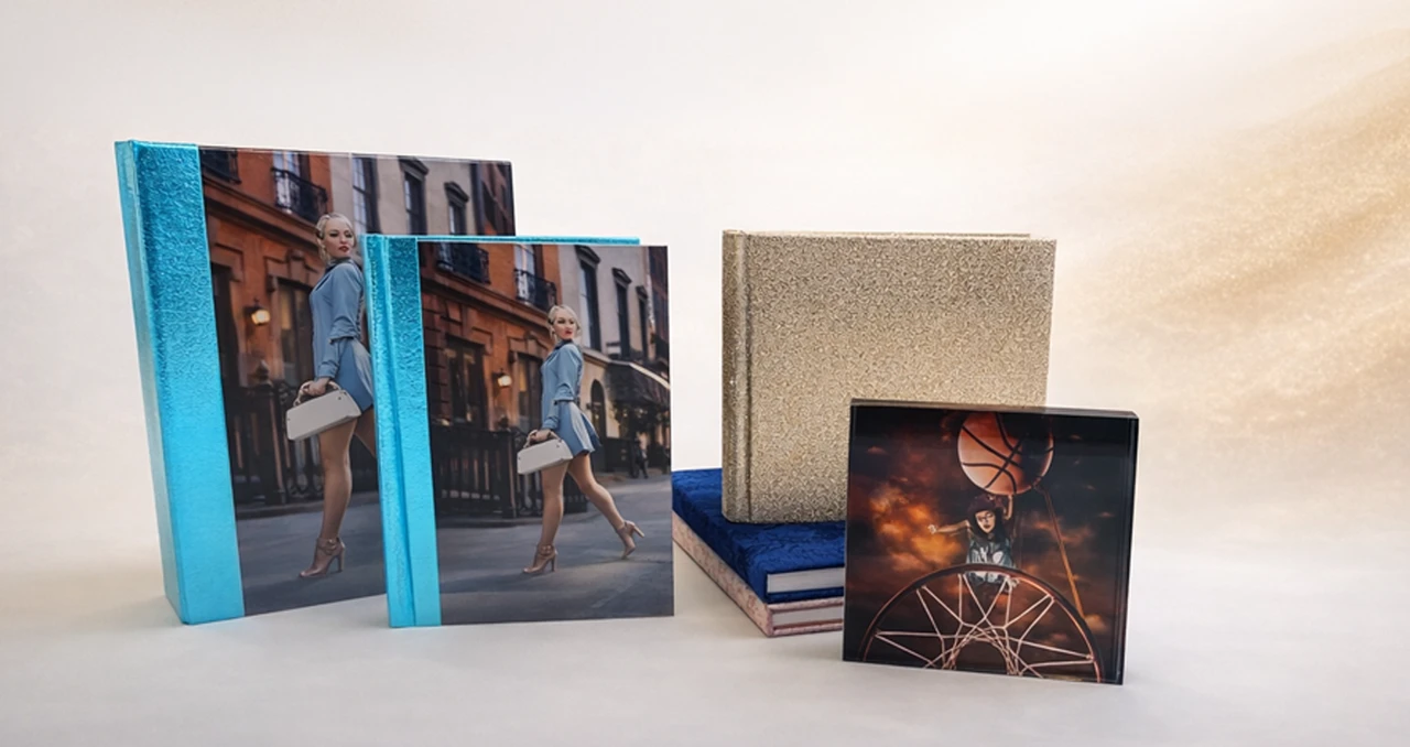 A collection of photo albums and photographic presentation products