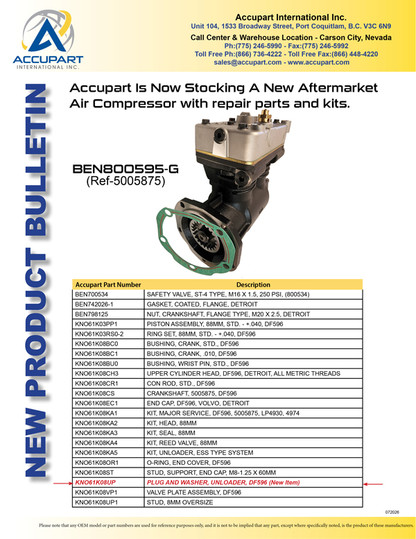 New Components for the BEN800595-G Compressor