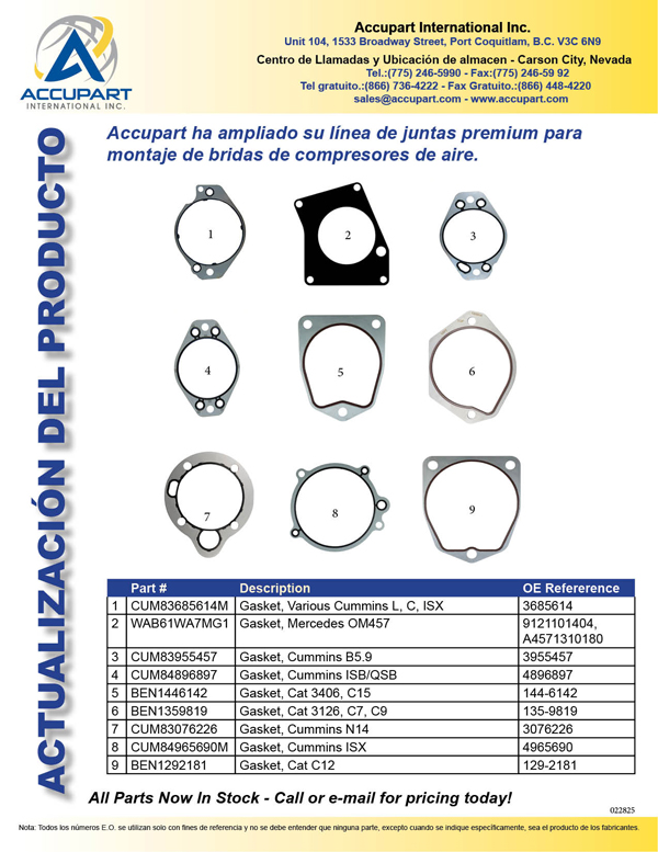 Accupart ha ampliado su línea de juntas premium para  montaje de bridas de compresores de aire.