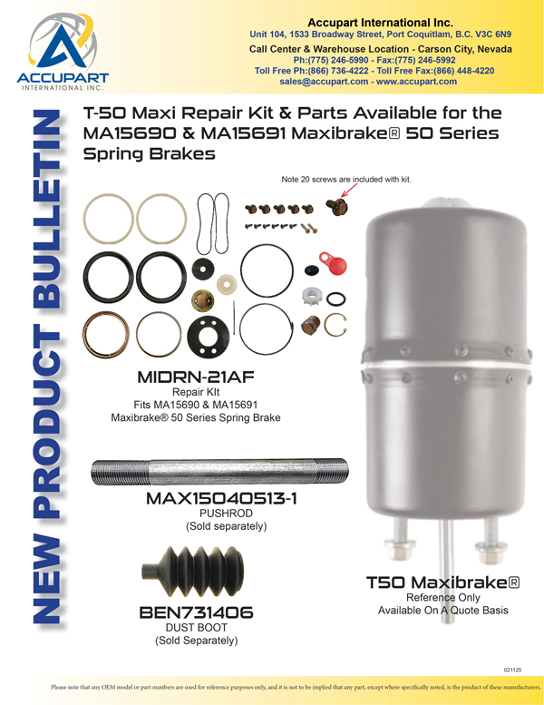 T-50 Maxi Repair Kit & Parts Available for the MA15690 & MA15691 Maxibrake® 50 Series Spring Brakes