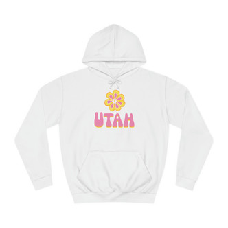 Groovy Pink Flower "UTAH" Hoodie in white with pink, yellow and orange daisy