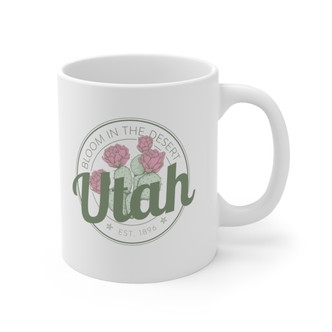 Bloom in the Desert Utah coffee mug with prickly pear cactus flowers in sage green and pink