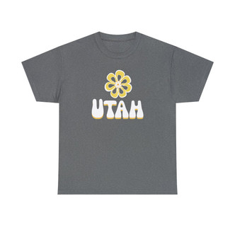 Groovy Yellow daisy Flower "UTAH" short sleeve T-Shirt tee in pink, gray, blue, yellow, white, lime
