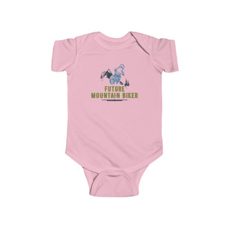 Future Mountain Biker - Baby Child Onesie with baby mountain biker in greens and blues on pink onesies.