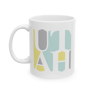UTAH Retro Block Letters Mug in gray, yellow and aqua blue on white coffee mug