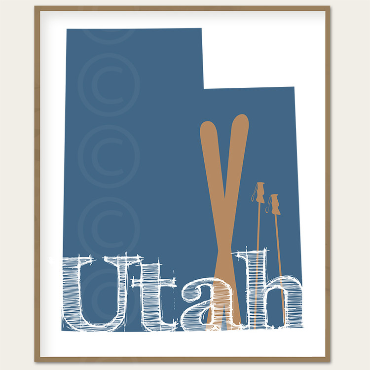 Skis Utah Modern Art Print blue brown white word design
