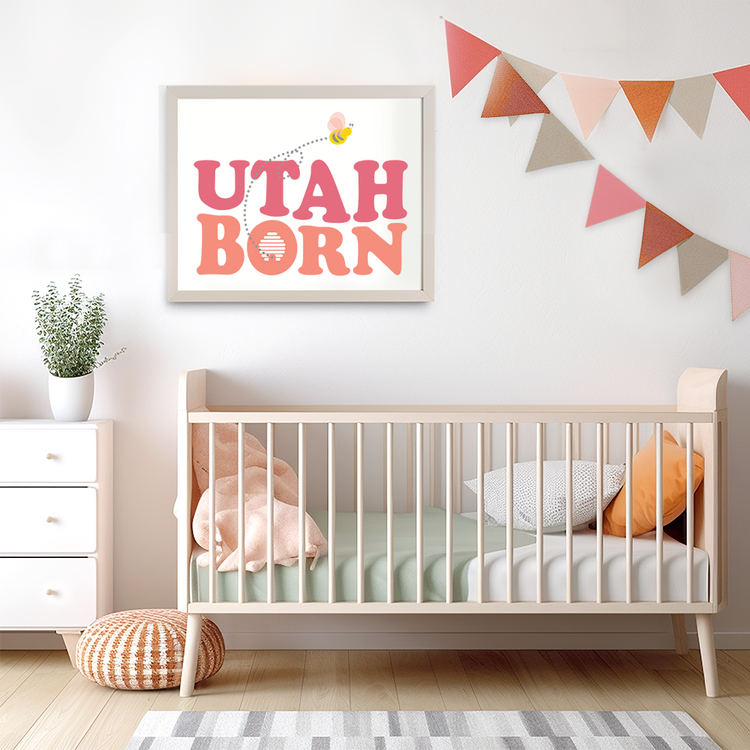 "UTAH BORN" Utah Born Baby Bee Beehive Nursery Girl Art Print - Pink Peach Baby's Bedroom wall Decor