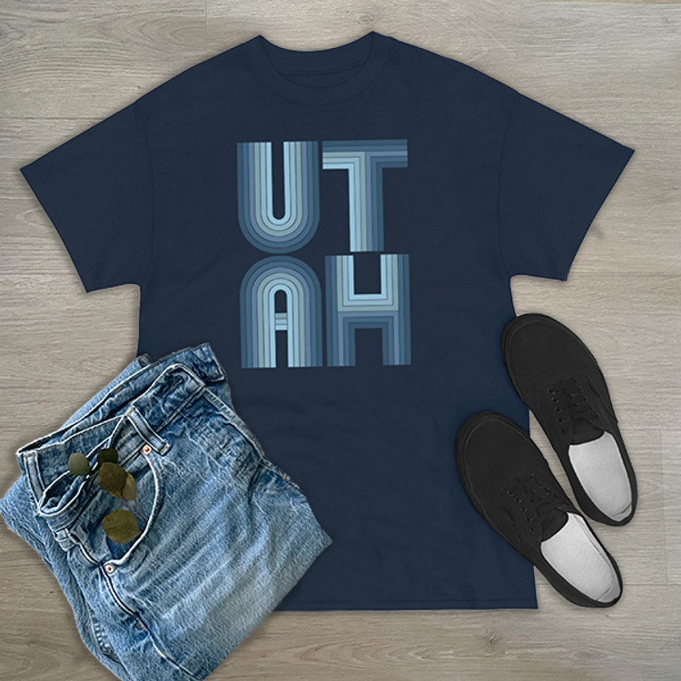 UTAH letters Mod modern retro 80s Unisex Heavy Cotton Tee - Blue white navy t-shirt