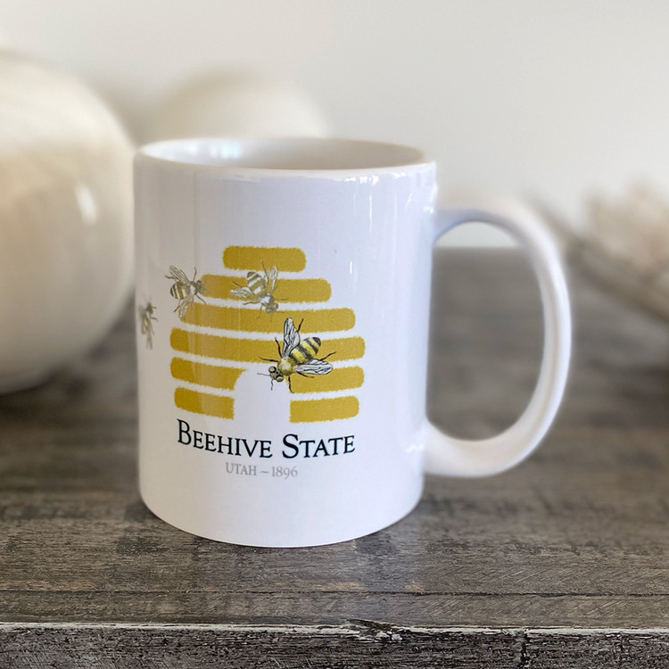 Beehive State Utah gold yellow bee coffee beverage drink mug white UT gift honeybees gift mug