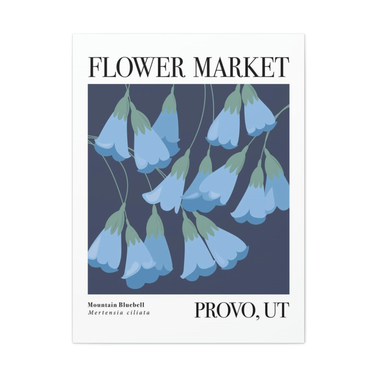 Flower Market - Provo, Utah modern wall Art Canvas Mountain Bluebell flowers in blue on a dark navy blue background