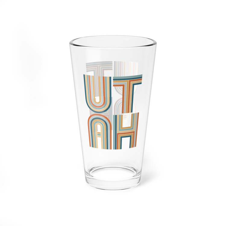 UTAH Mod Pint Glasses, 16oz  teal and orange colors. 16 ounce drinkware, pint drinking glasses, with blue and orange striped "UTAH" letters for a modern design.