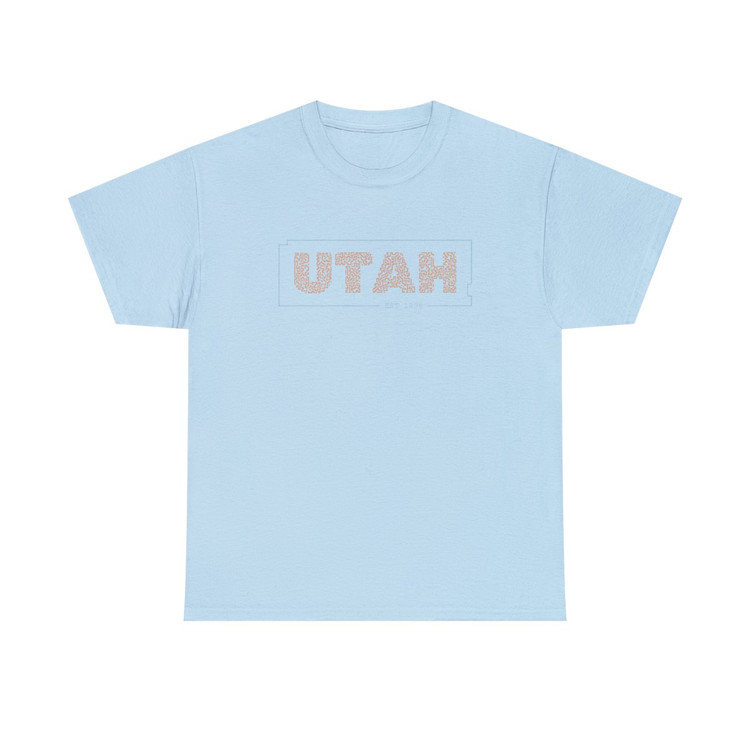 UTAH Maze Tee Shirt design in orange and blue on light blue, navy blue, military green, turf green, dark gray and royal blue short sleeve t-shirts