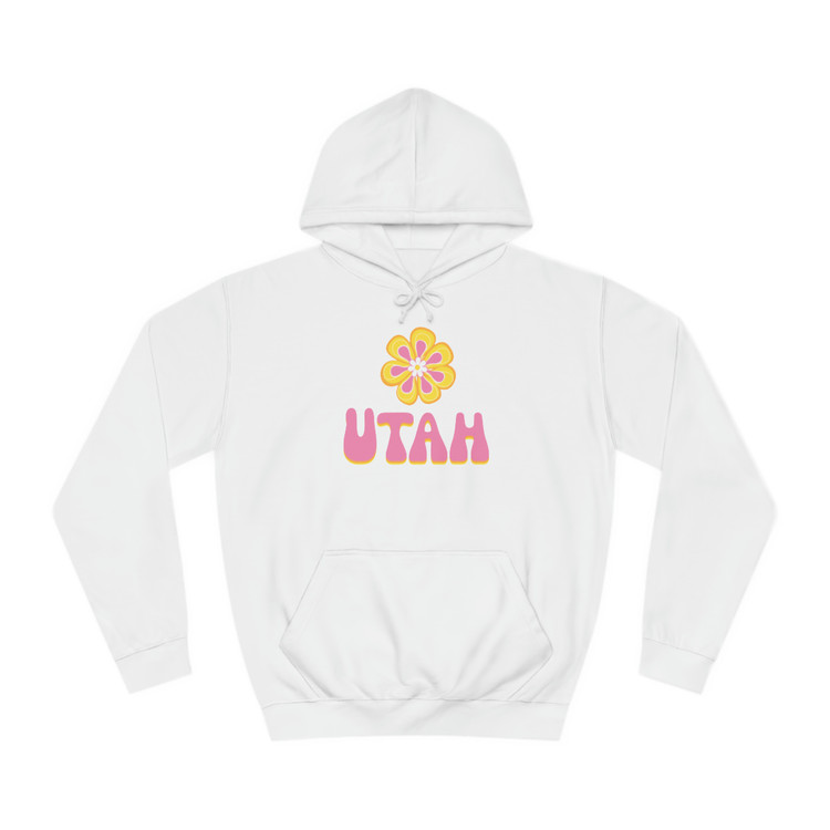 Groovy Pink Flower "UTAH" Hoodie in white with pink, yellow and orange daisy