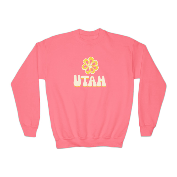 Groovy Yellow Flower "UTAH" Youth Sweatshirt in pink