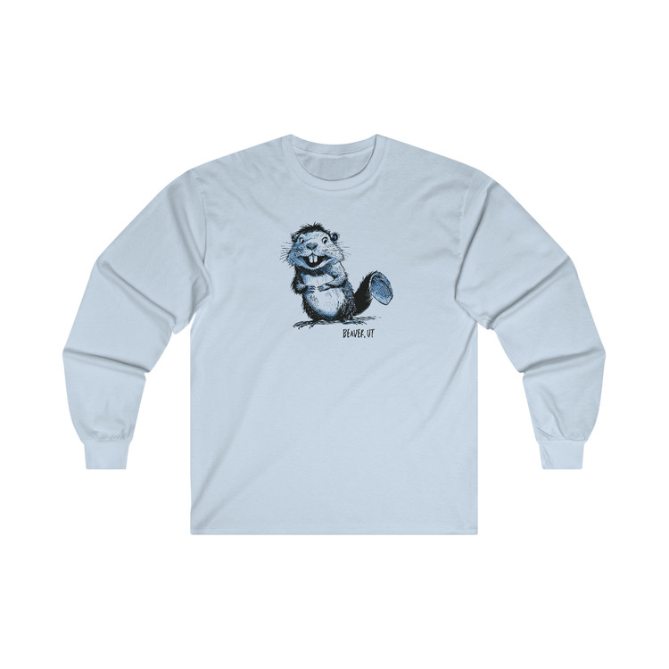 Beaver, UT Cartoon Long Sleeve Tee Shirt in light blue funny Utah t-shirt