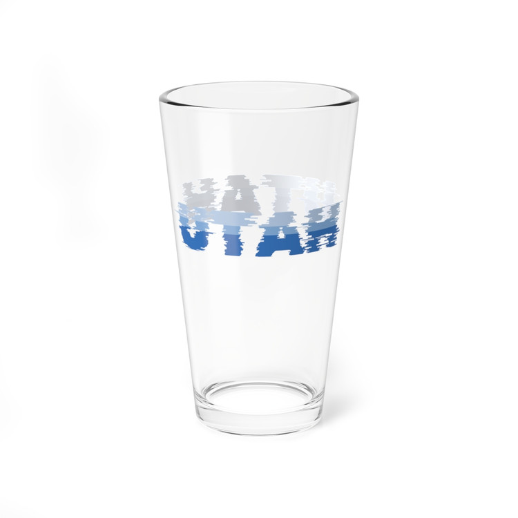 Utah Blue Shockwave Pint Glass, 16oz. Multiple shades of blue spell UTAH on a clear 16 ounce pint glass souvenir gift.