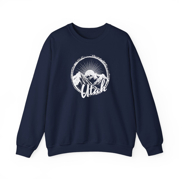 Mountains of Utah Sweatshirt with white silhouette sun, mountain peaks and Utah souvenir design on navy blue sweatshirt